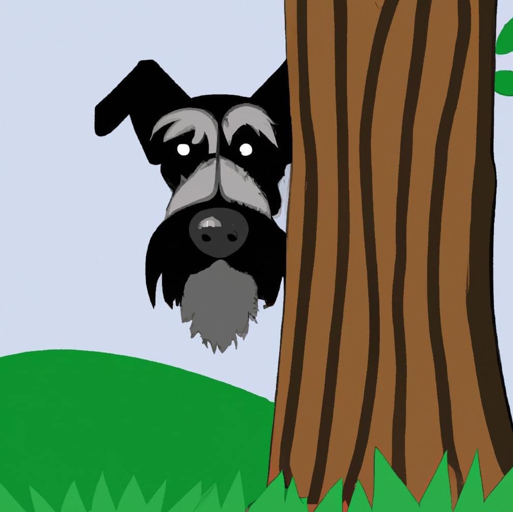 Emi the giant schnauzer peeking from behind a tree