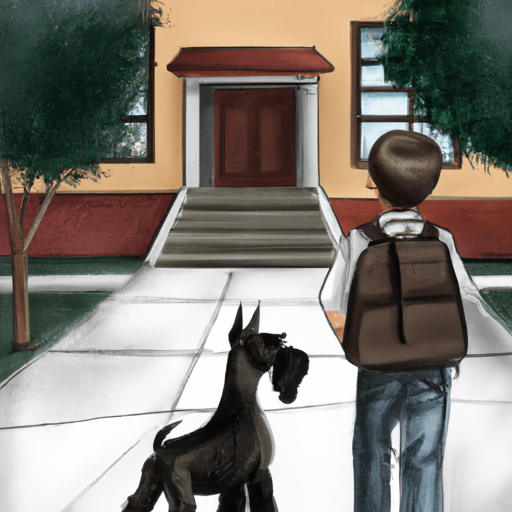 emi the giant schnauzer in front of a school kids are going back to school