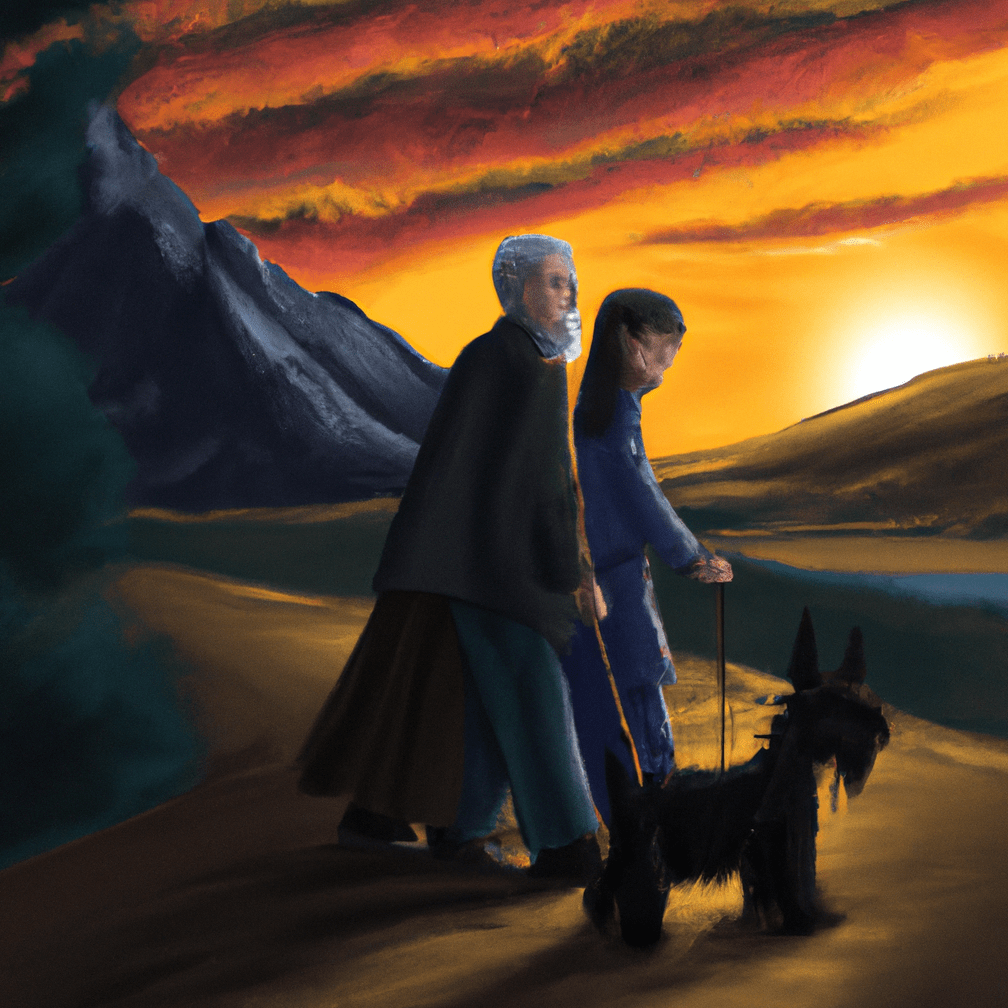 emi the giant schnauzer with a human grandmother and grandfather walken to the sunset